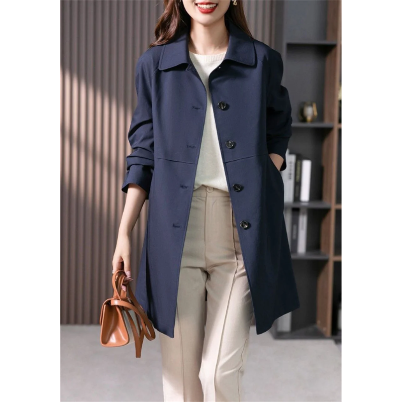 Women's trench coat, tailored fit, mid-thigh length, classic collar, single-breasted, sleek silhouette, black and dark blue.