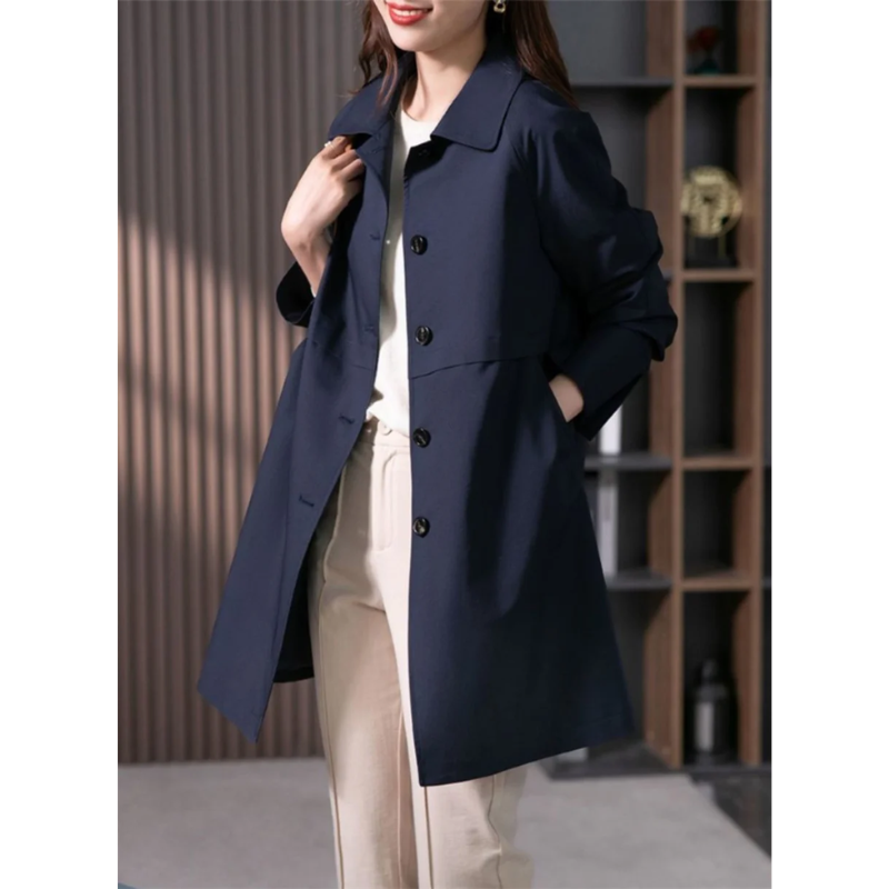 Women's trench coat, tailored fit, mid-thigh length, classic collar, single-breasted, sleek silhouette, black and dark blue.