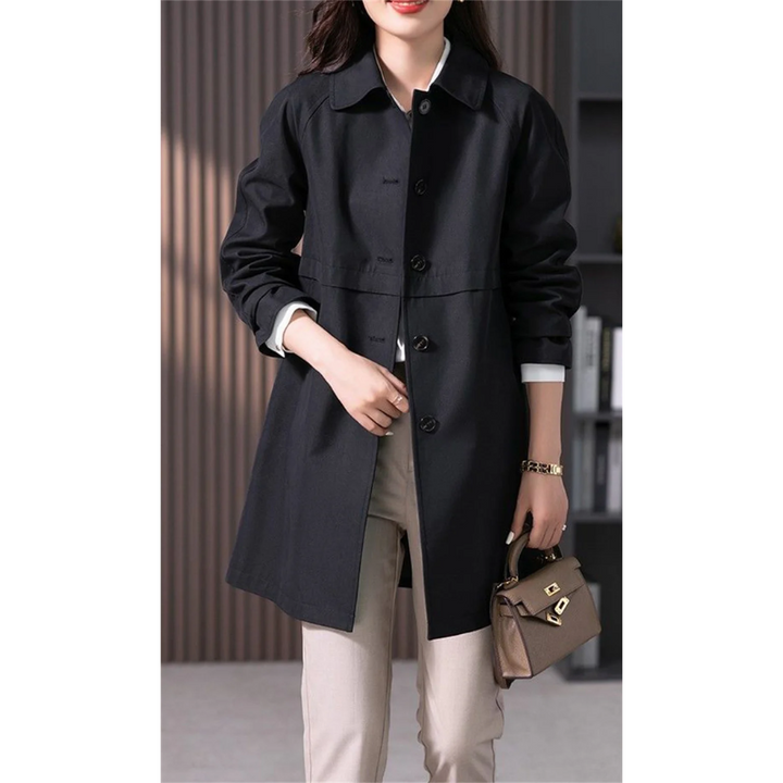 Women's trench coat, tailored fit, mid-thigh length, classic collar, single-breasted, sleek silhouette, black and dark blue.
