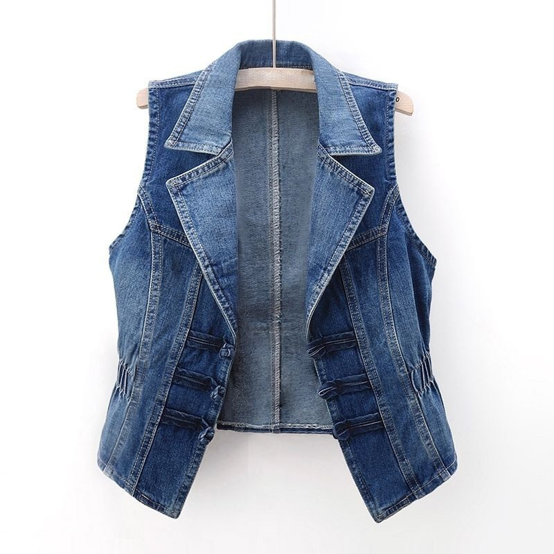 "Women's trendy sleeveless denim vest with modern cut, flattering tailored fit, ideal for casual and chic outfits."