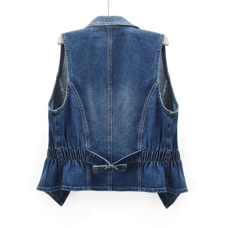 "Women's trendy sleeveless denim vest with modern cut, flattering tailored fit, ideal for casual and chic outfits."