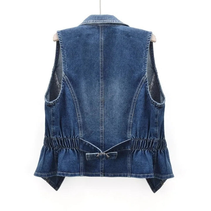 "Women's trendy sleeveless denim vest with modern cut, flattering tailored fit, ideal for casual and chic outfits."