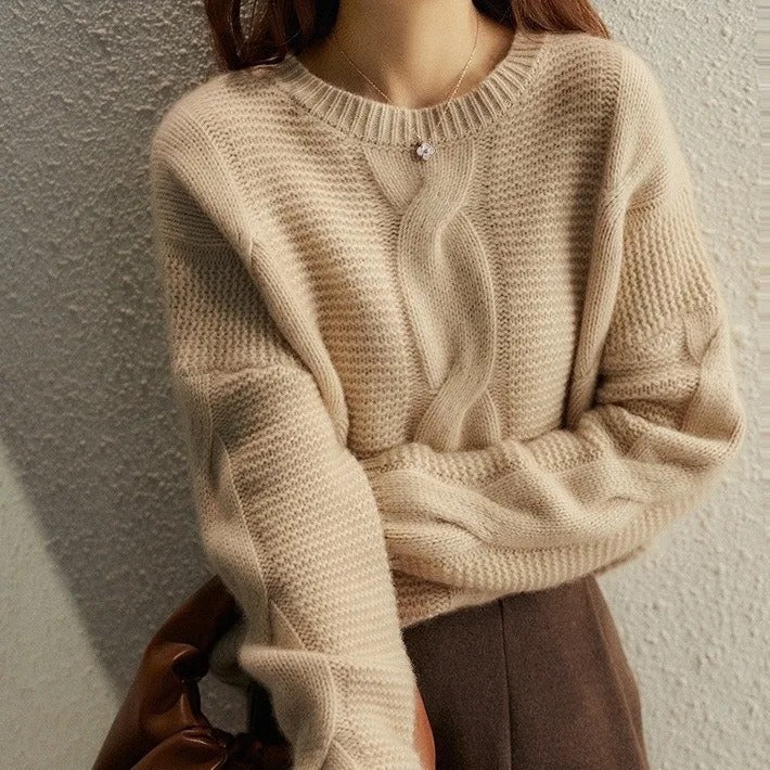 "Women's ultra-soft hand-knit cotton sweater, cosy & stylish, in brown or khaki, perfect for versatile, warm outfits."