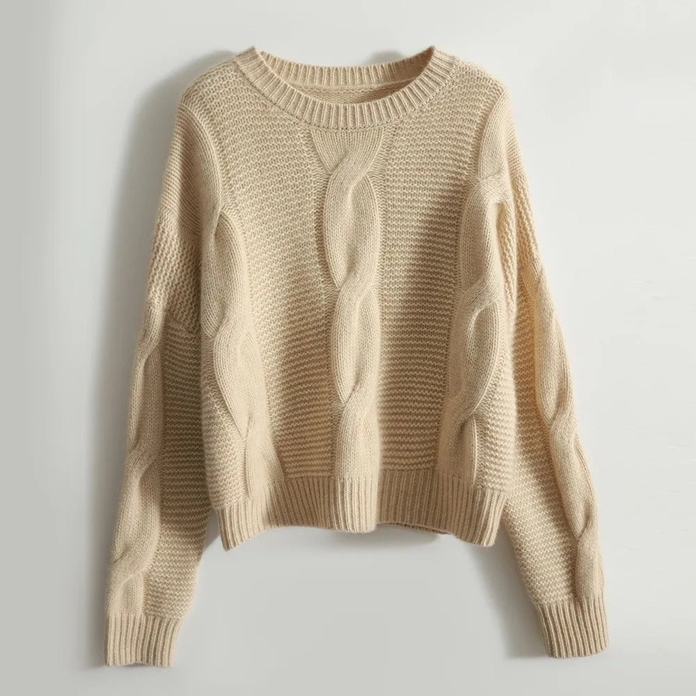 "Women's ultra-soft hand-knit cotton sweater, cosy & stylish, in brown or khaki, perfect for versatile, warm outfits."