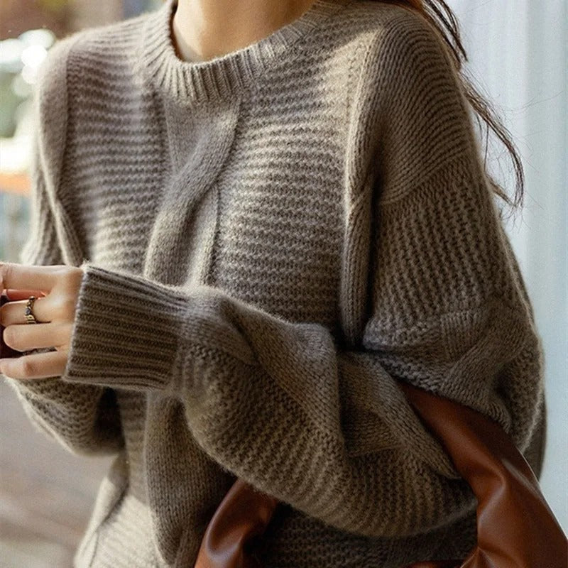 "Women's ultra-soft hand-knit cotton sweater, cosy & stylish, in brown or khaki, perfect for versatile, warm outfits."