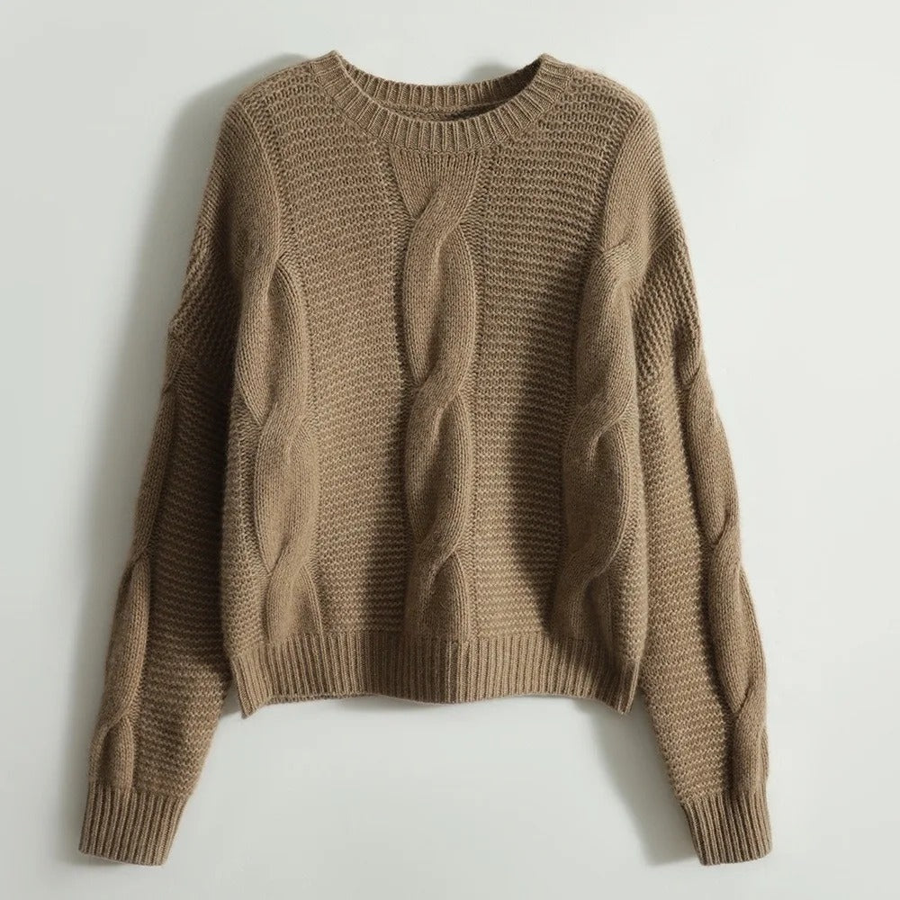 "Women's ultra-soft hand-knit cotton sweater, cosy & stylish, in brown or khaki, perfect for versatile, warm outfits."