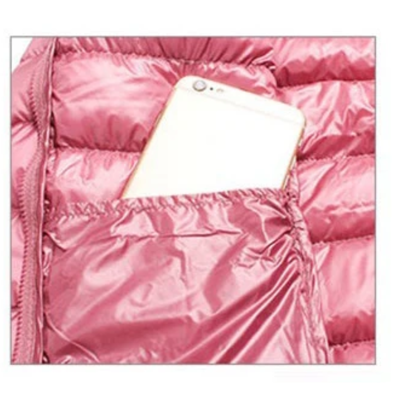"Women's ultralight foldable puffer jacket with hood, chic design, lightweight, perfect for travel and cold weather."