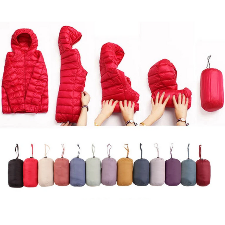 "Women's ultralight foldable puffer jacket with hood, chic design, lightweight, perfect for travel and cold weather."