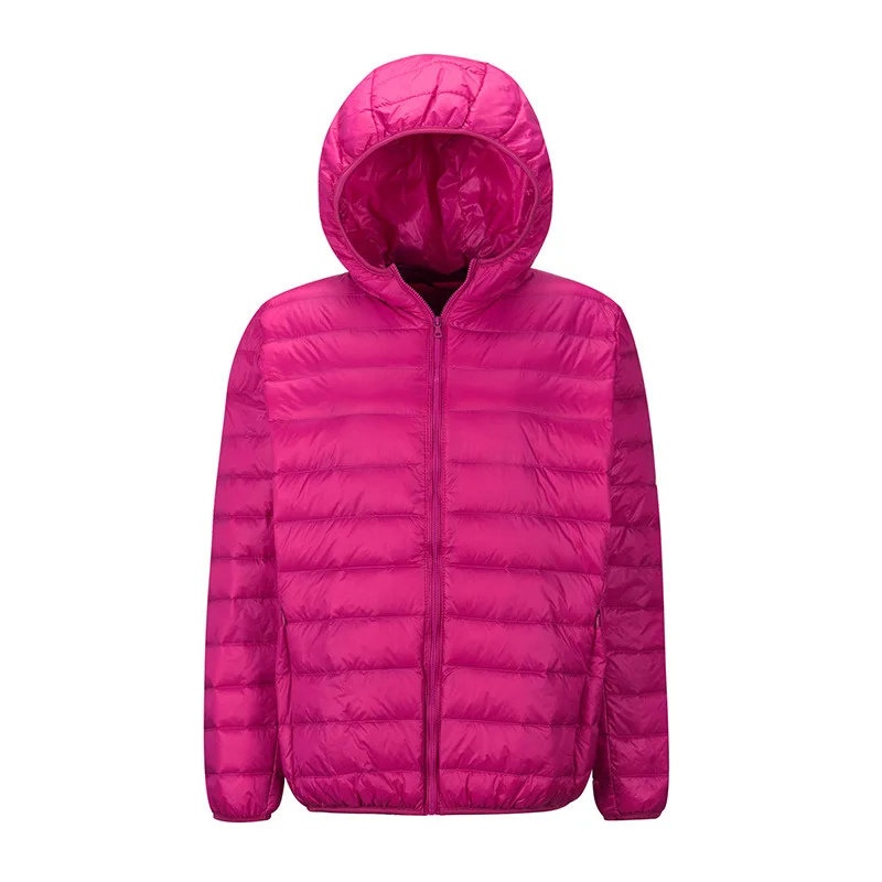 "Women's ultralight foldable puffer jacket with hood, chic design, lightweight, perfect for travel and cold weather."