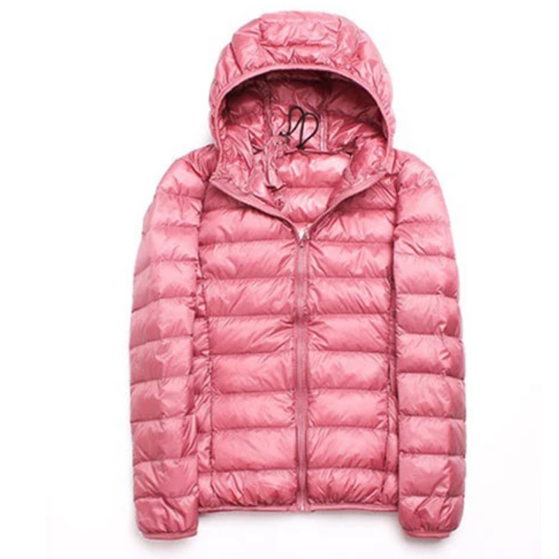"Women's ultralight foldable puffer jacket with hood, chic design, lightweight, perfect for travel and cold weather."