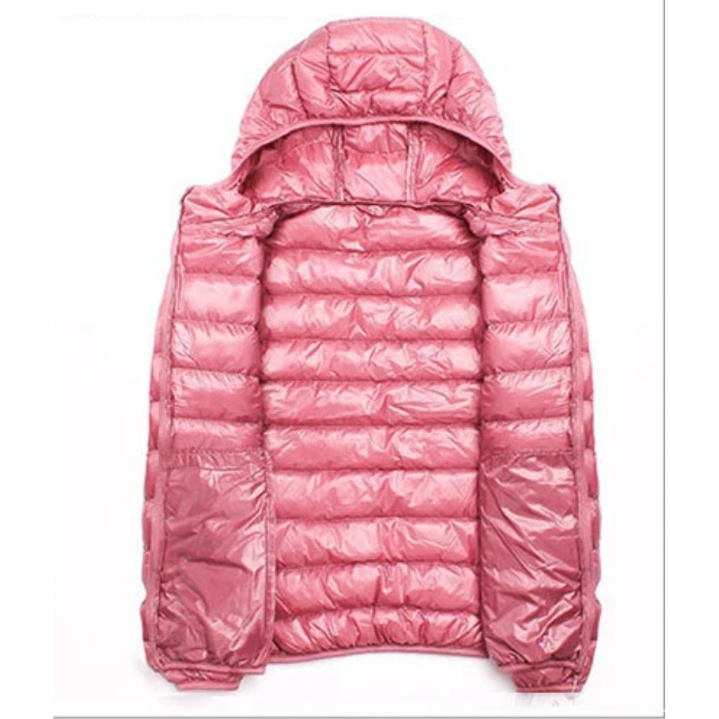 "Women's ultralight foldable puffer jacket with hood, chic design, lightweight, perfect for travel and cold weather."