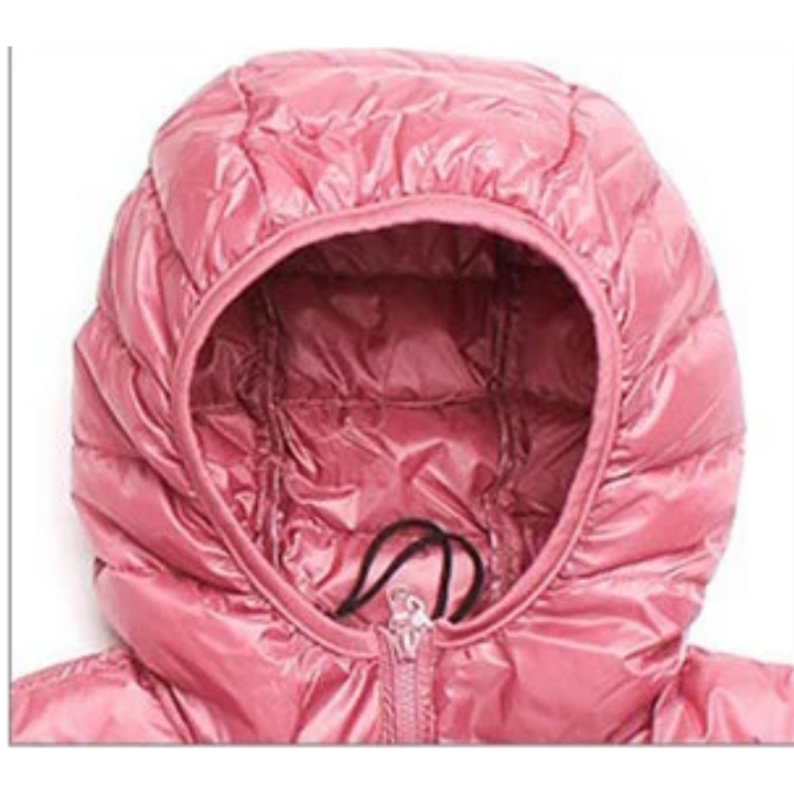 "Women's ultralight foldable puffer jacket with hood, chic design, lightweight, perfect for travel and cold weather."