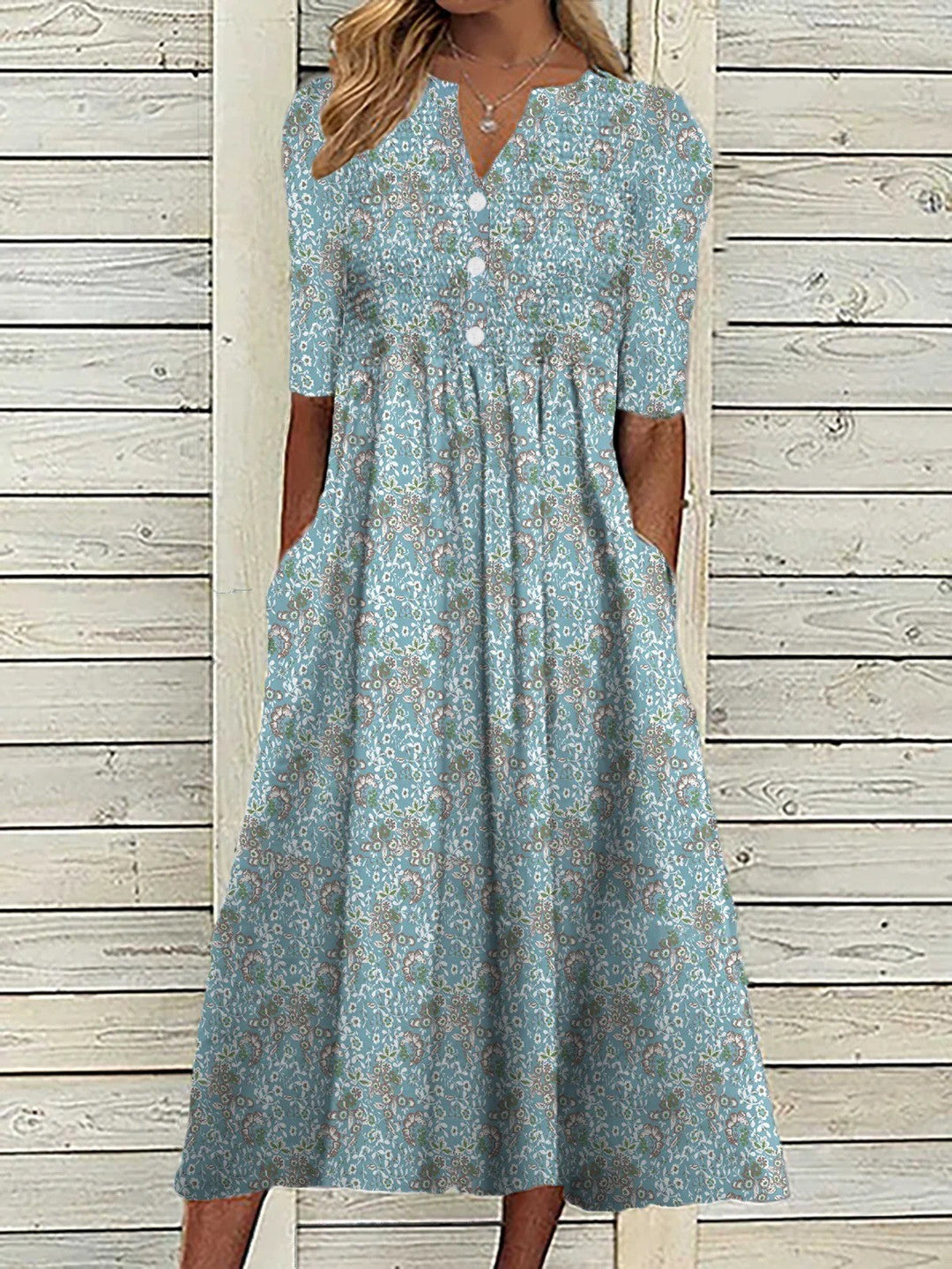 Women's V-Neck A-Line Floral Midi Dress, breathable fabric, half sleeves, feminine floral print, perfect for summer occasions