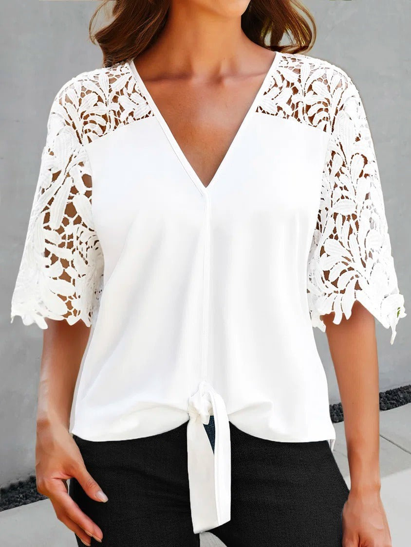 Women's V-Neck Blouse with Lace Sleeves, featuring a tie front, relaxed fit, and delicate lace half sleeves for a chic look.