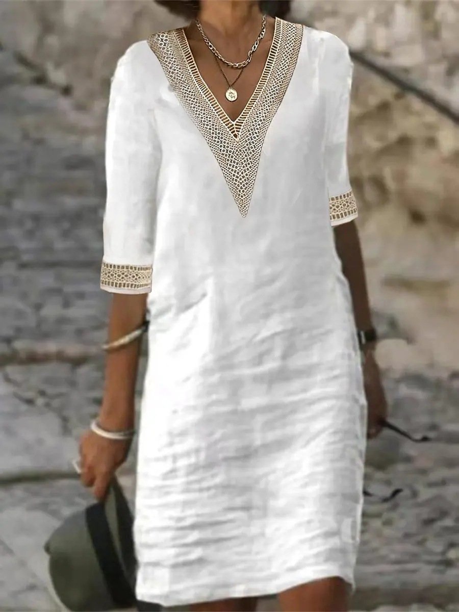 "Women's V-Neck Lace Trim Midi Dress with 3/4 sleeves, relaxed fit, elegant lace detail, perfect for summer outings."