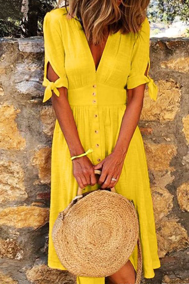 "Women's V-Neck Midi Dress, button-down, short tie-cuff sleeves, lightweight fabric, chic summer design for casual occasions.