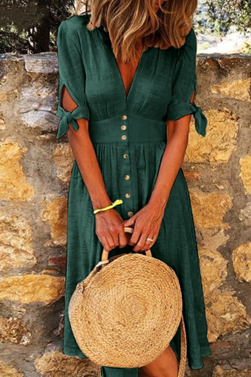 "Women's V-Neck Midi Dress, button-down, short tie-cuff sleeves, lightweight fabric, chic summer design for casual occasions.