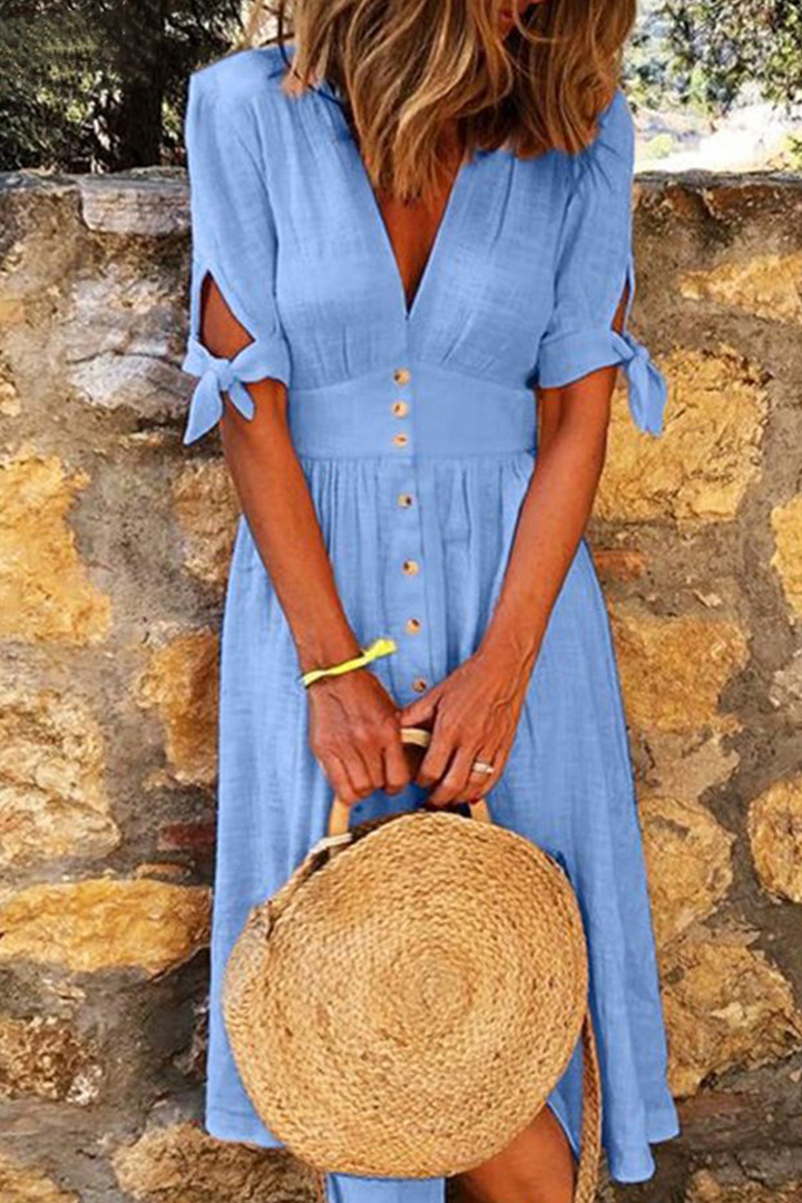 "Women's V-Neck Midi Dress, button-down, short tie-cuff sleeves, lightweight fabric, chic summer design for casual occasions.