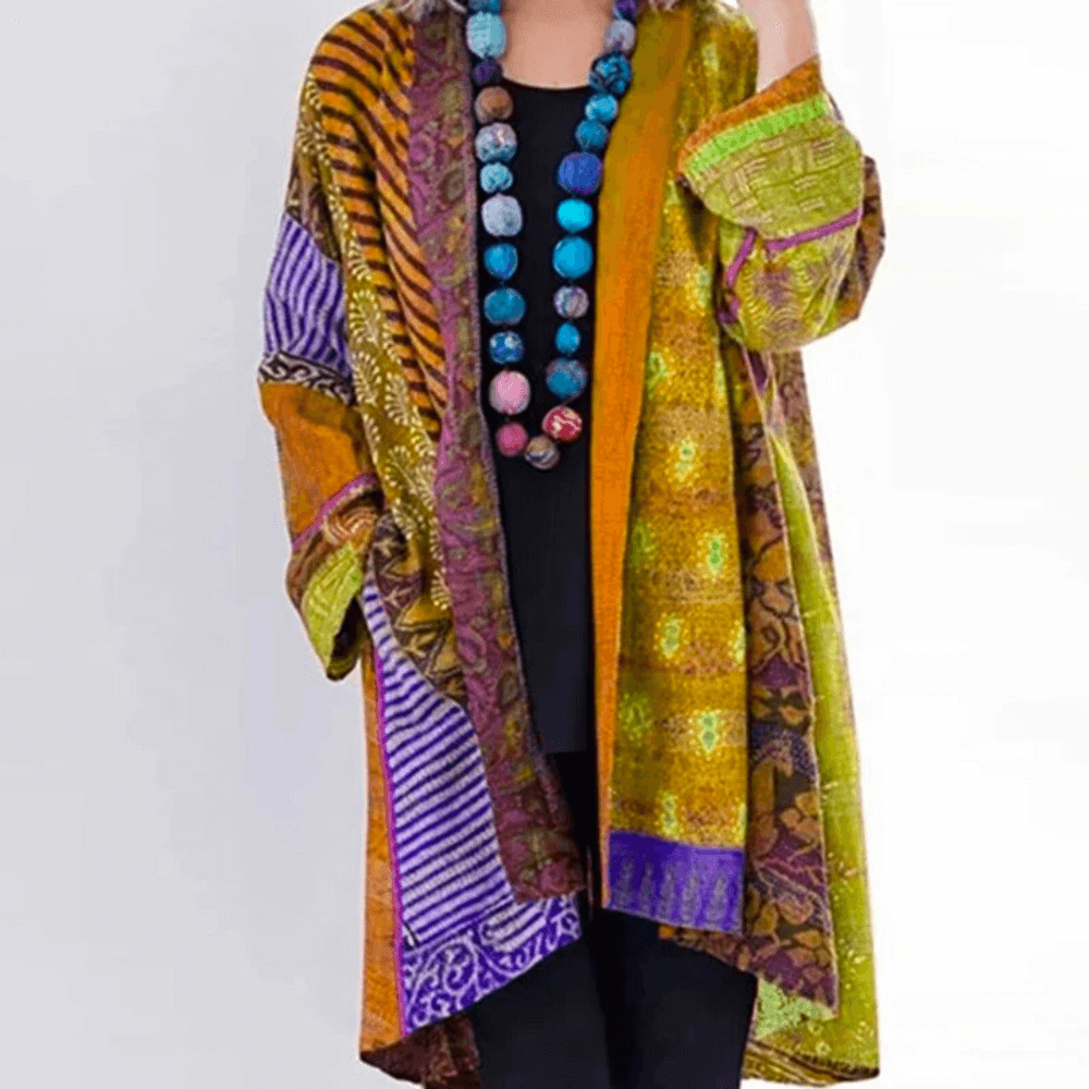 "Women's vibrant cardigan, modern-vintage style, colorful patterns, silky fabric, classic and modern fusion, front view."