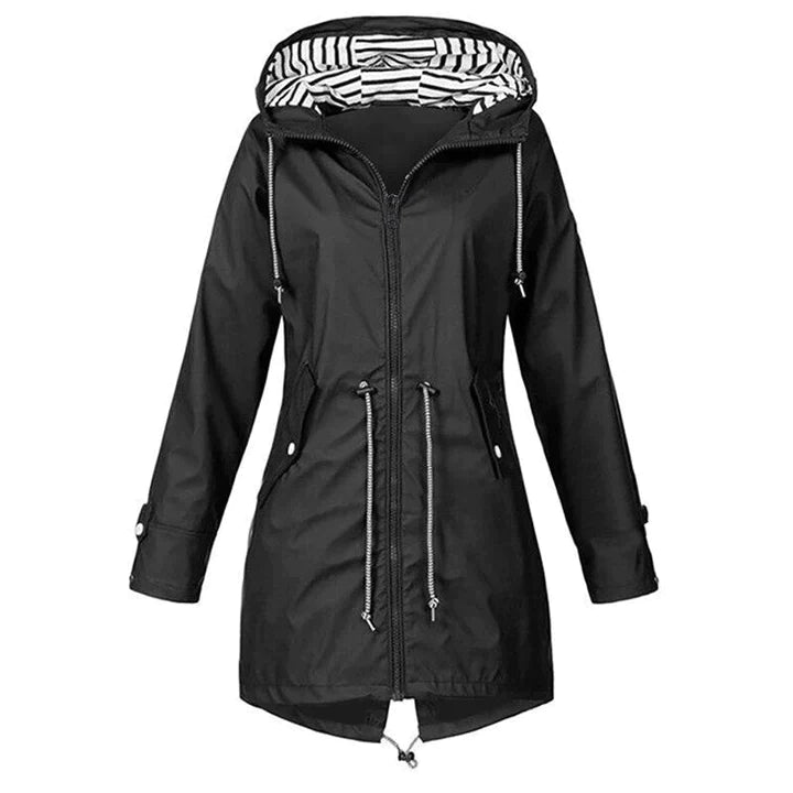 "Women's waterproof rain jacket with hood, hip-length, solid color, front view showing sleek classic design."