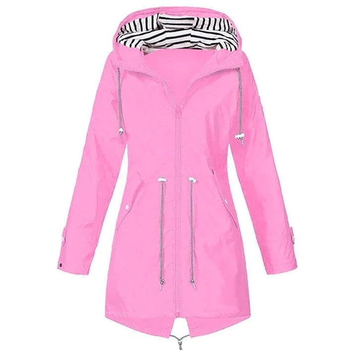 "Women's waterproof rain jacket with hood, hip-length, solid color, front view showing sleek classic design."
