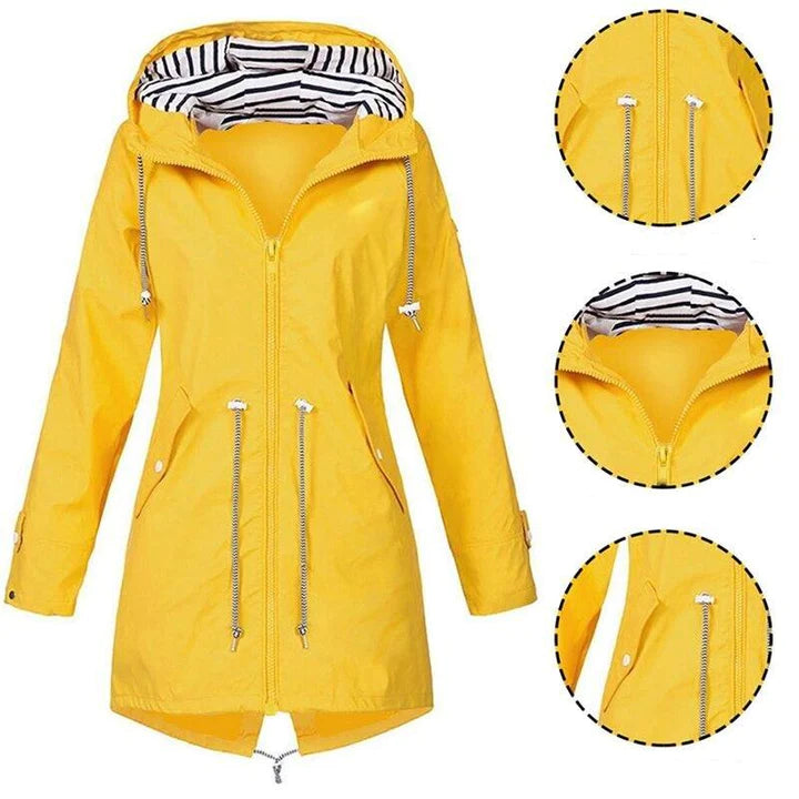 "Women's waterproof rain jacket with hood, hip-length, solid color, front view showing sleek classic design."