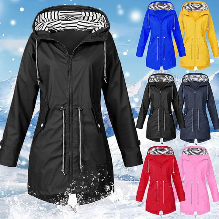 "Women's waterproof rain jacket with hood, hip-length, solid color, front view showing sleek classic design."
