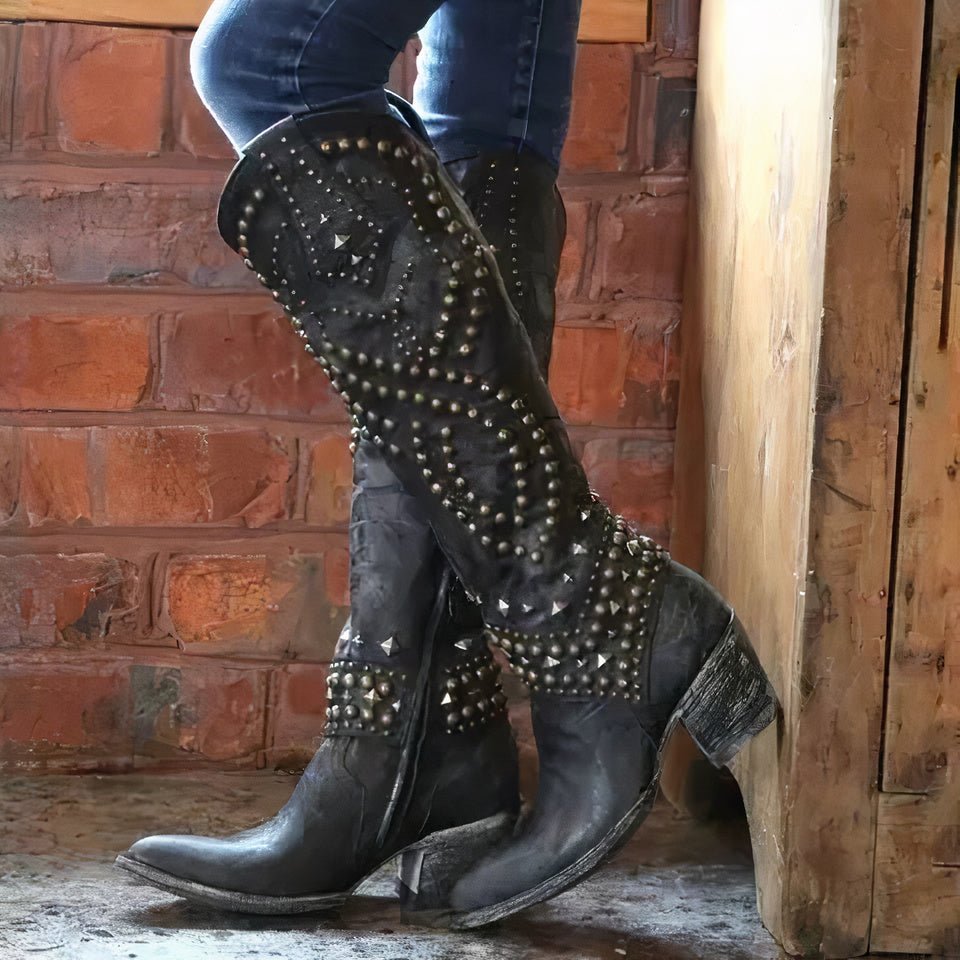 Women's Western Knee - High Boots with Studded Detail - Lexians