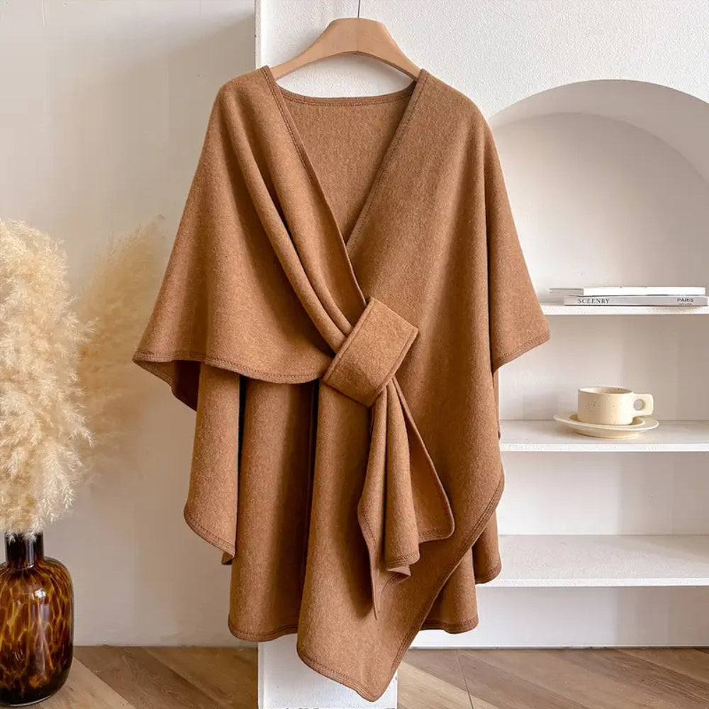 "Women's windproof poncho shawl coat with flowing silhouette in solid color, open front, perfect for fall and winter outfits.