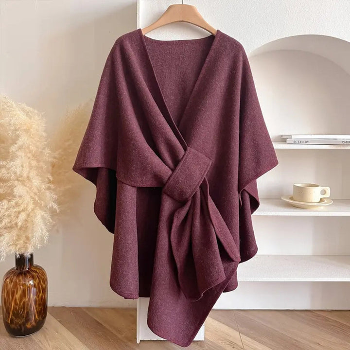 "Women's windproof poncho shawl coat with flowing silhouette in solid color, open front, perfect for fall and winter outfits.