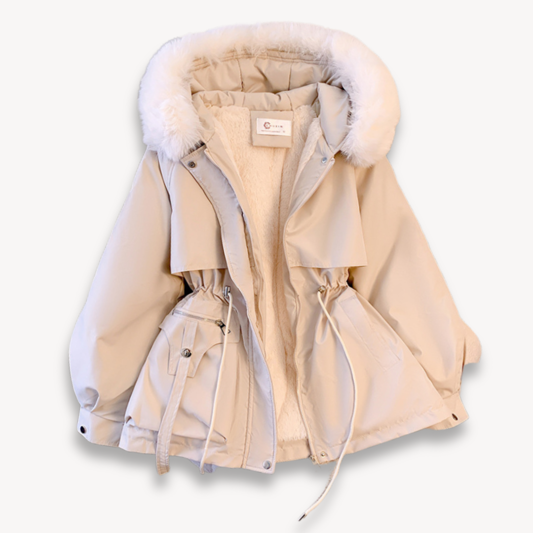 Women's winter parka with removable hood, adjustable waist, in beige. Perfect for warmth and style in cold weather.