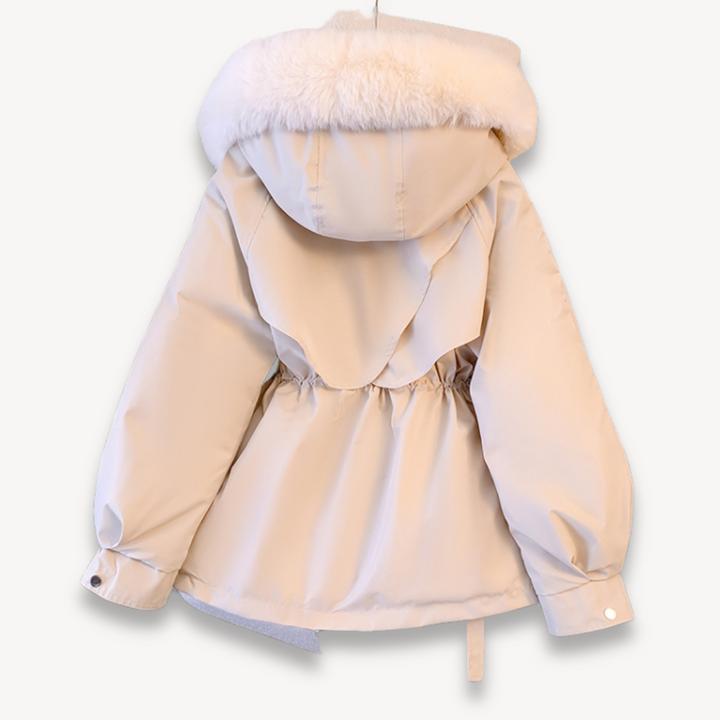 Women's winter parka with removable hood, adjustable waist, in beige. Perfect for warmth and style in cold weather.