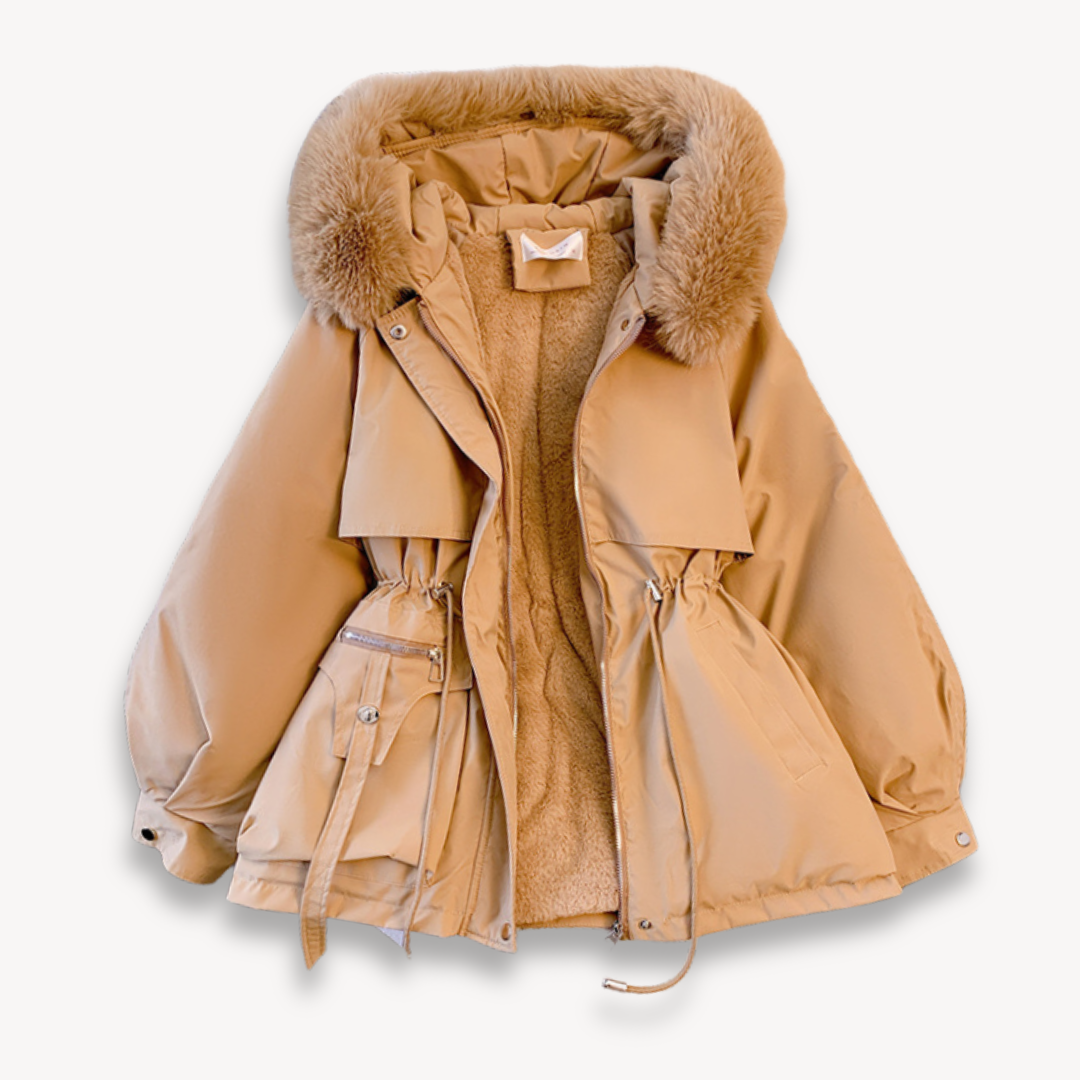 Women's winter parka with removable hood, adjustable waist, in beige. Perfect for warmth and style in cold weather.