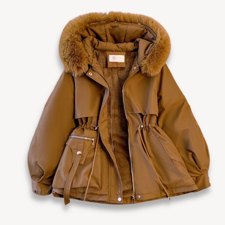 Women's winter parka with removable hood, adjustable waist, in beige. Perfect for warmth and style in cold weather.