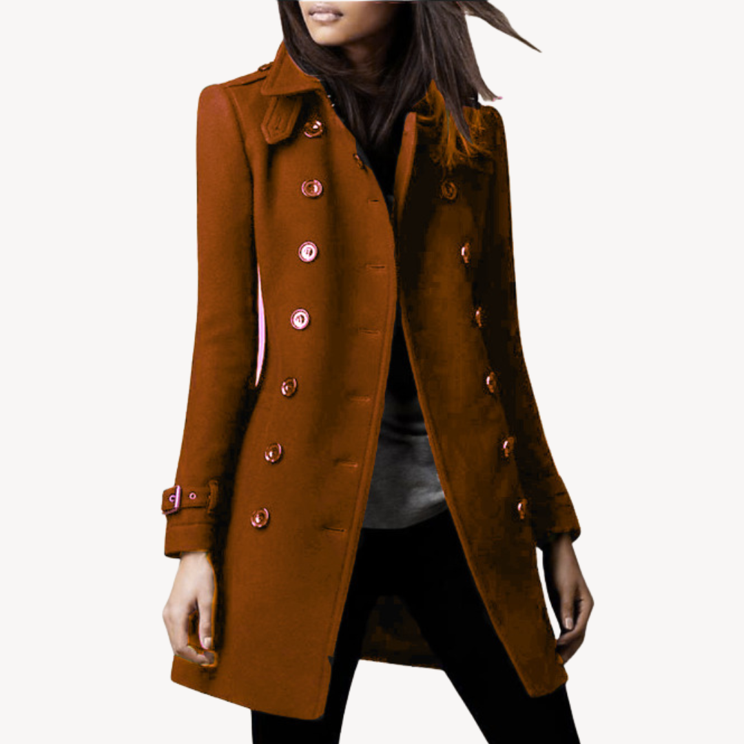 Women's wool peacoat, double-breasted, mid-length, classic black or dark red, elegant design for sophisticated warmth.