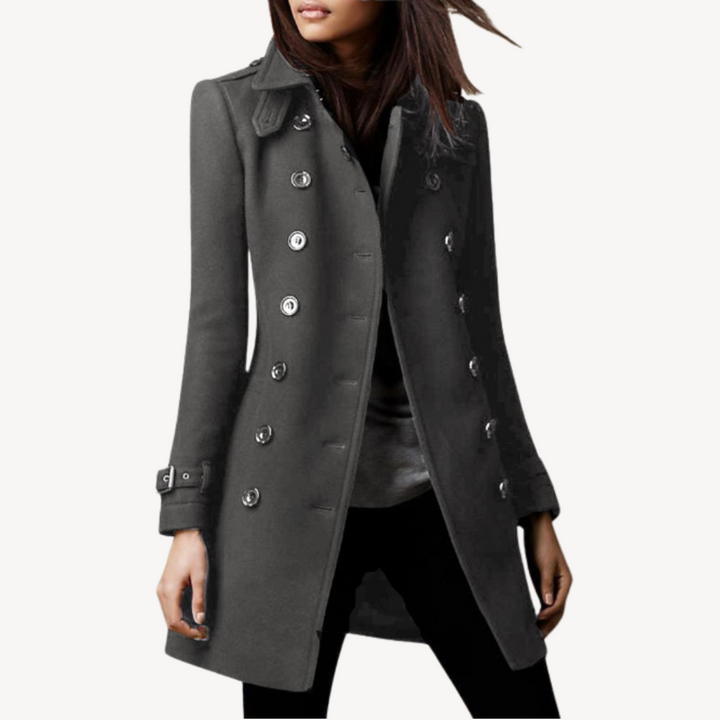 Women's wool peacoat, double-breasted, mid-length, classic black or dark red, elegant design for sophisticated warmth.