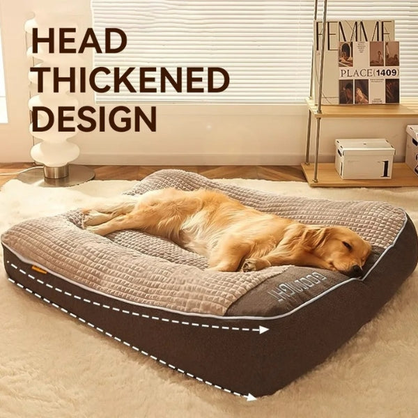 "XXL orthopedic dog bed with plush fabric and removable cover, ideal for large dogs, featuring anti-slip bottom and headrest.