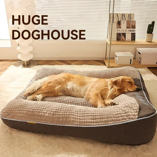 "XXL orthopedic dog bed with plush fabric and removable cover, ideal for large dogs, featuring anti-slip bottom and headrest.