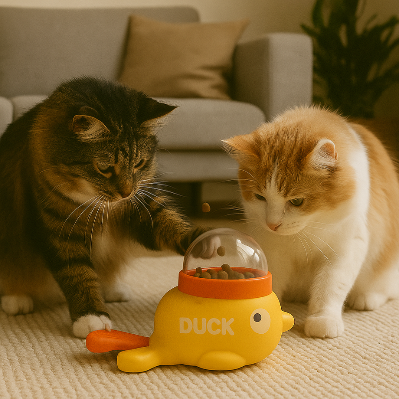 Yellow duck-shaped interactive puzzle cat feeder, encourages slow eating and mental stimulation, durable ABS material.