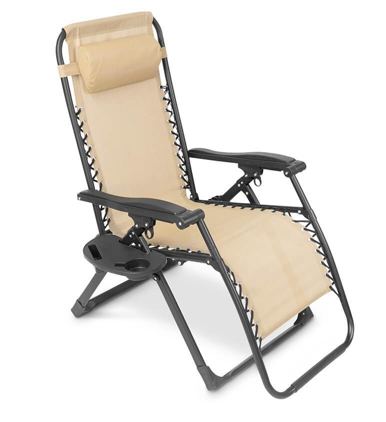 Zero gravity folding chair in black with adjustable headrest, ergonomic design, foldable for outdoor and indoor relaxation.