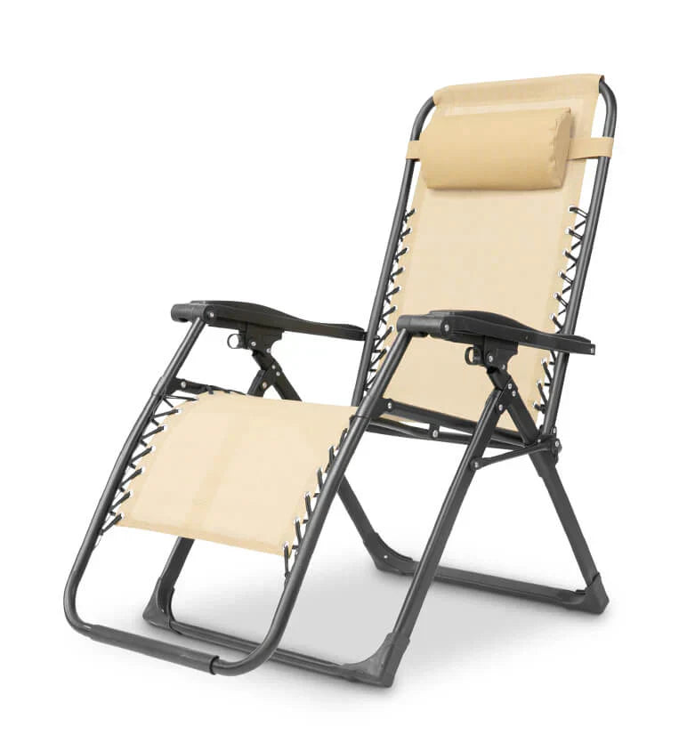 Zero gravity folding chair in black with adjustable headrest, ergonomic design, foldable for outdoor and indoor relaxation.
