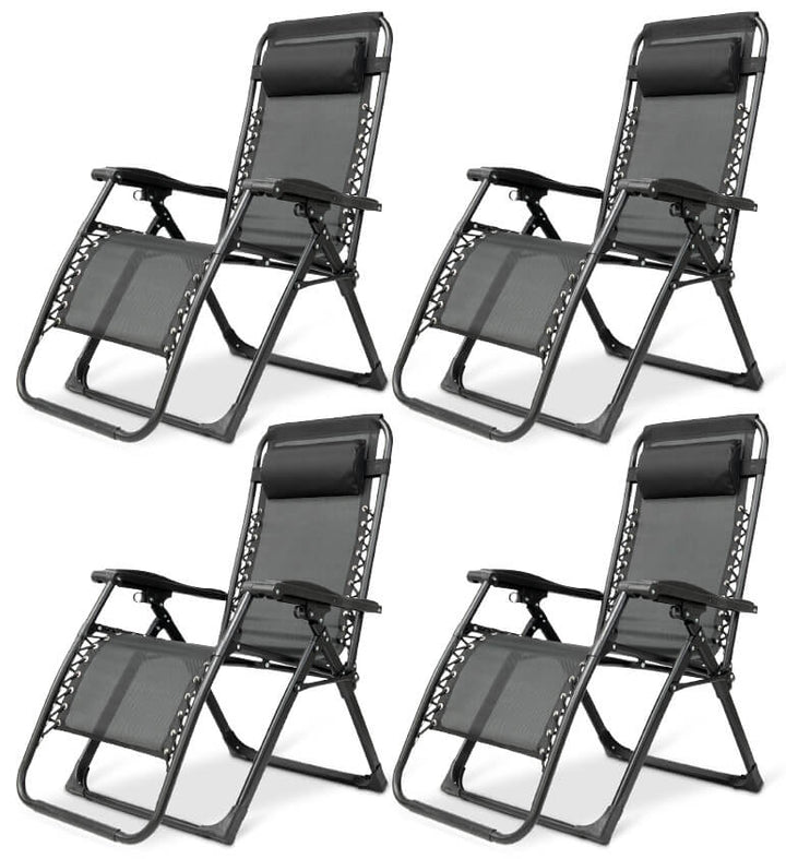 Zero gravity folding chair in black with adjustable headrest, ergonomic design, foldable for outdoor and indoor relaxation.