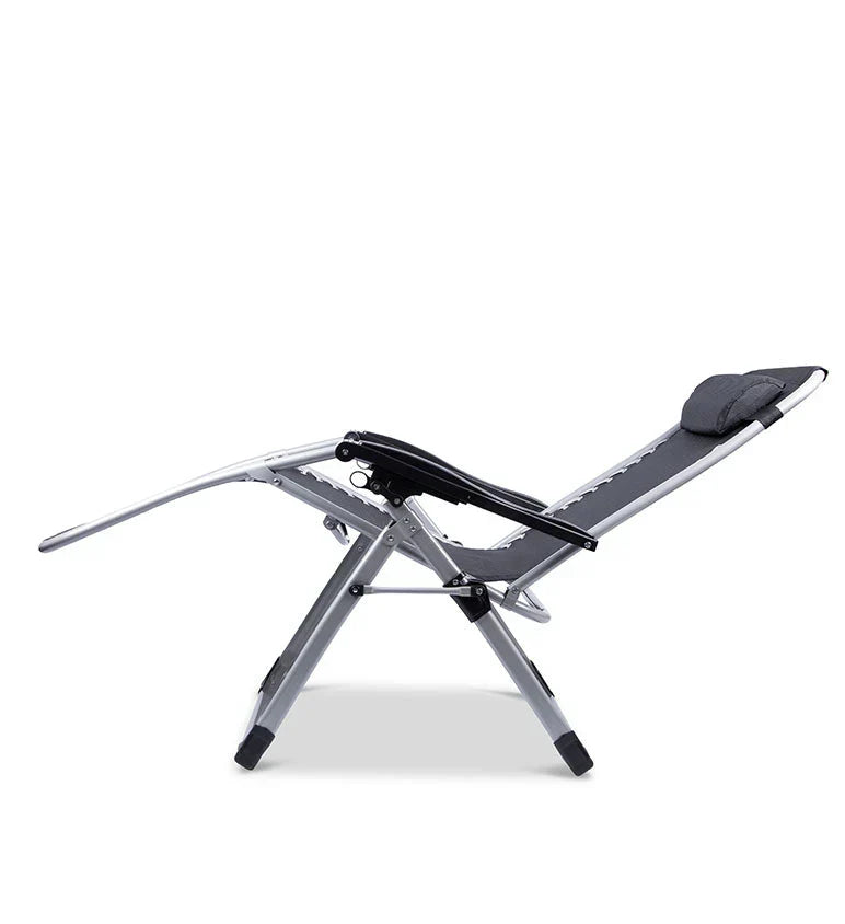 Zero gravity folding chair in black with adjustable headrest, ergonomic design, foldable for outdoor and indoor relaxation.